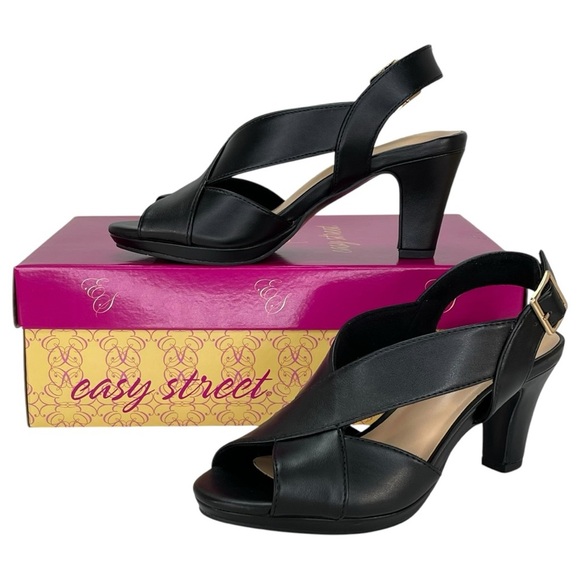 Easy Street Christy Black Faux Leather Criss Cross Womens Heels Size 6.5M - Picture 2 of 11